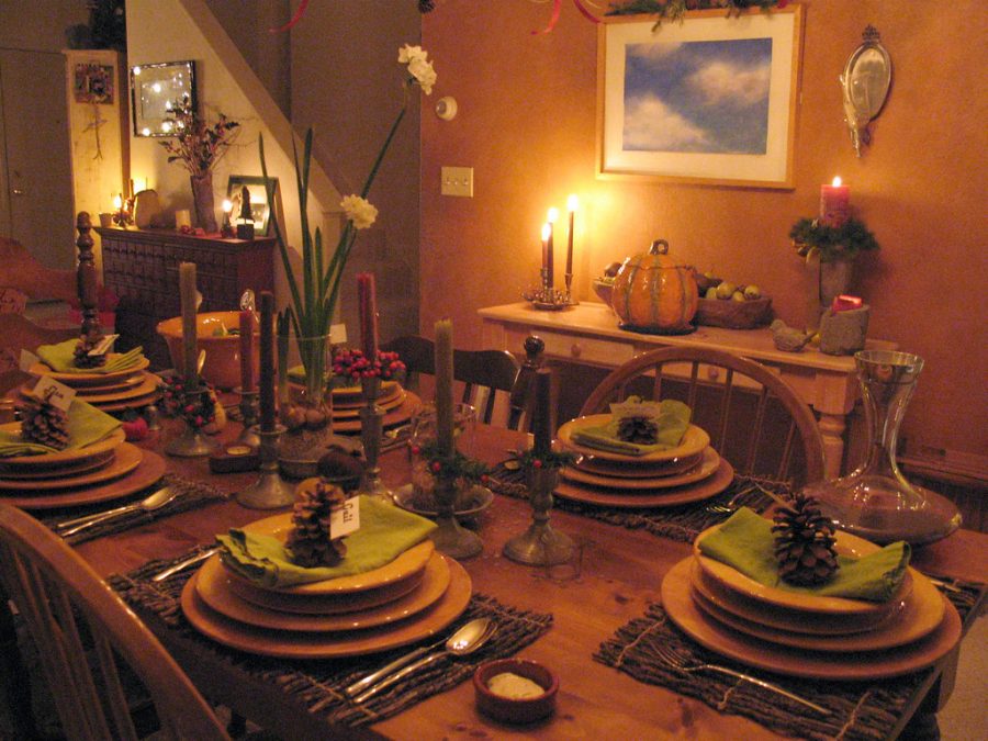 The table is set for holiday dinner with family.