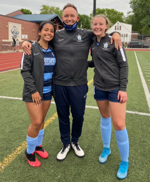 Bre Hollowell and Domenica Suraty with Coach Orrick