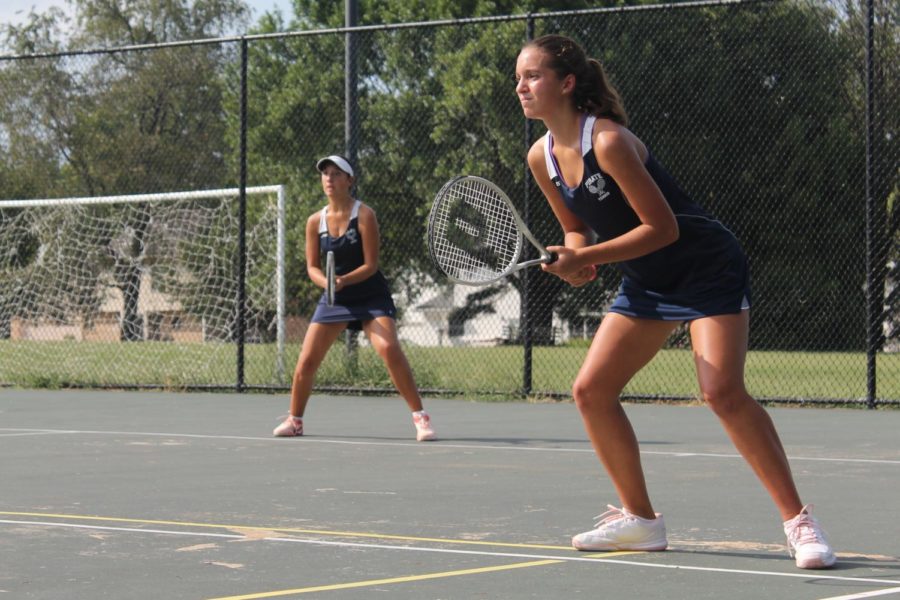 Taylor+and+Alyssa+play+as+a+doubles+team+at+a+match+on+August+31+against+FHN.