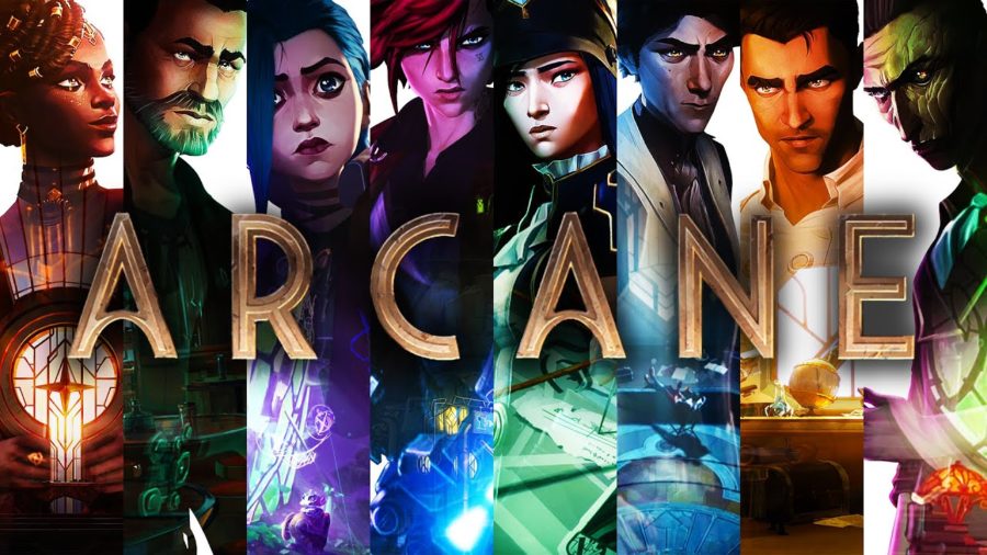 Promotional art pieces of Mel, Vander, Jinx, Vi, Caitlyn, Viktor, Jayce and Silco (in order from left to right) for Arcane