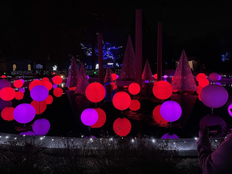 A lit up fountain at the Missouri Botanical Garden on Dec. 3, 2021.
