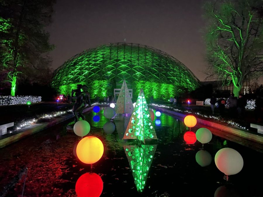 The Climatron and fountain lit up at the Missouri Botanical Garden on Dec. 3, 2021.