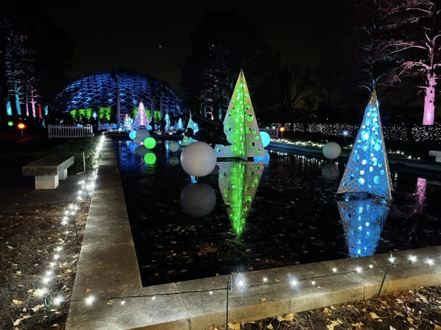 The fountains lit up at the Missouri Botanical Garden on Dec. 3, 2021.