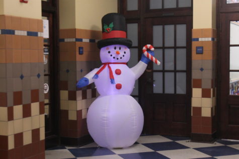 Inflatable Snowman outside Mrs. Simmons room 
