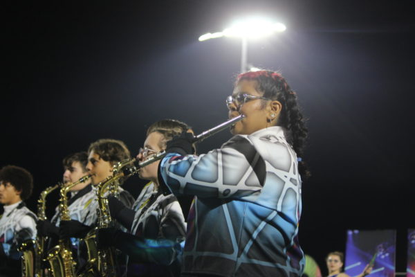 From right to left Alizon Mota-Luis, Rose Basler, Eric Kelley, Edward Cullen, and Alijah Guyot performing during halftime at the football game. 