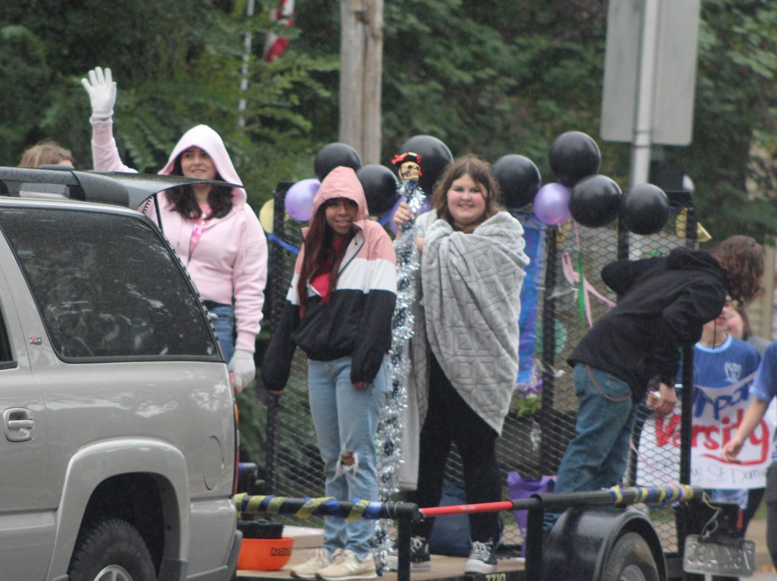 The Senior class float carries the spirit stick in the parade after winning it at the assembly.