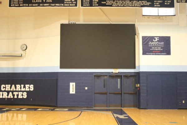 Close up of the big screen on the west side of the gym.