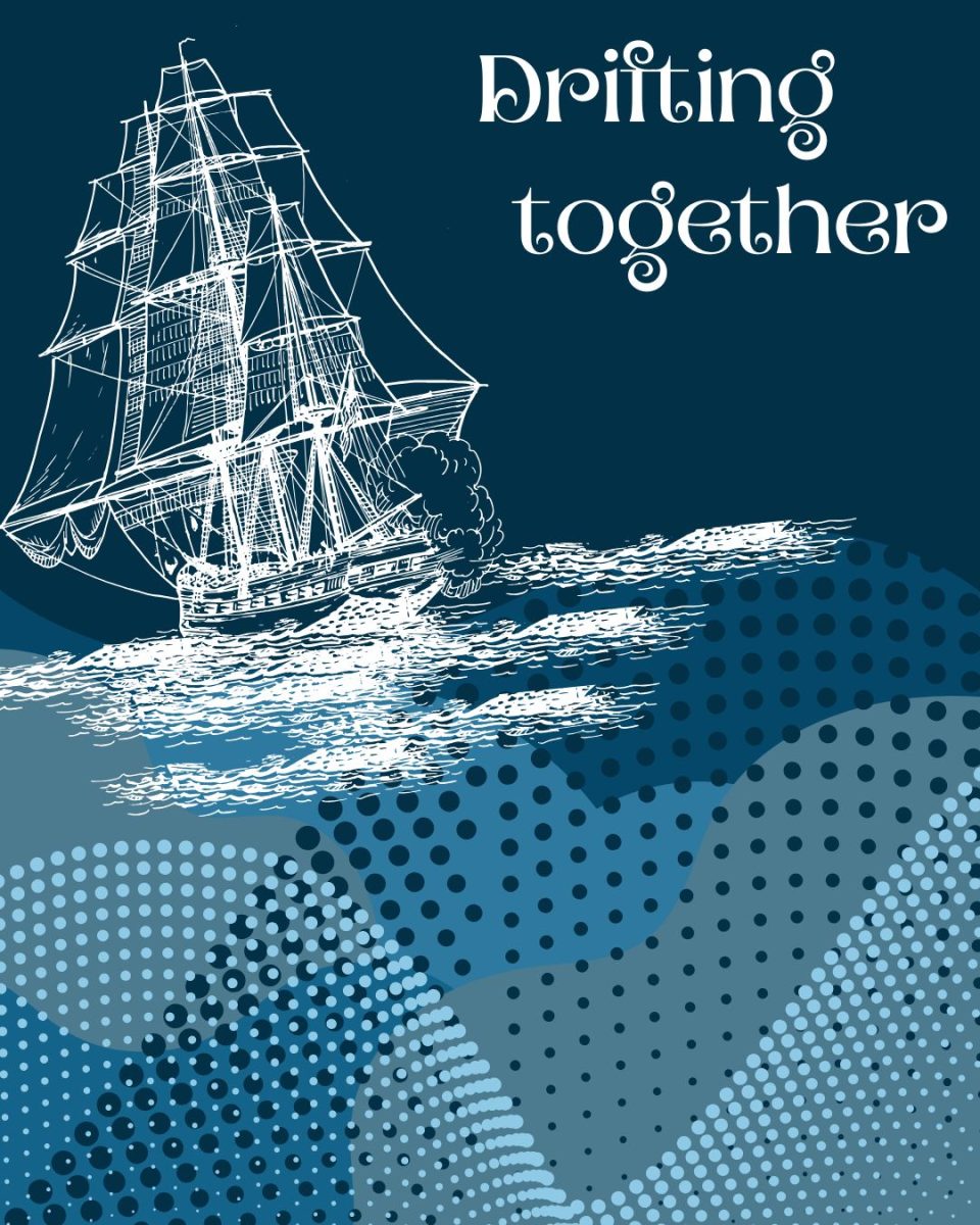 Boat illustration titled Drifting together.