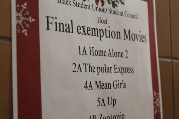 Picture of BSU/Student Council Final Exemption Movies list including 1A Home Alone 2, 2A The Polar Express, 4A Mean Girls, 5A up, 1B Zootopia