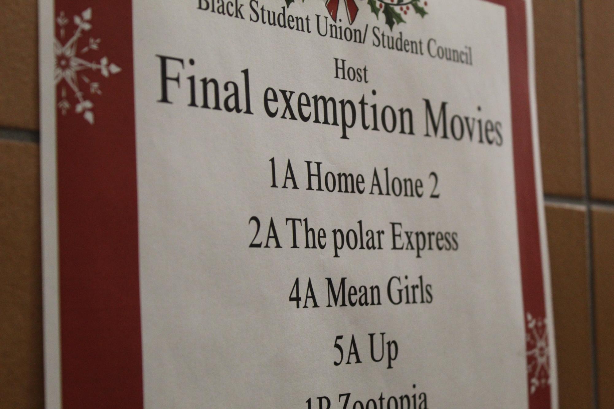 Picture of BSU/Student Council Final Exemption Movies list including 1A Home Alone 2, 2A The Polar Express, 4A Mean Girls, 5A up, 1B Zootopia