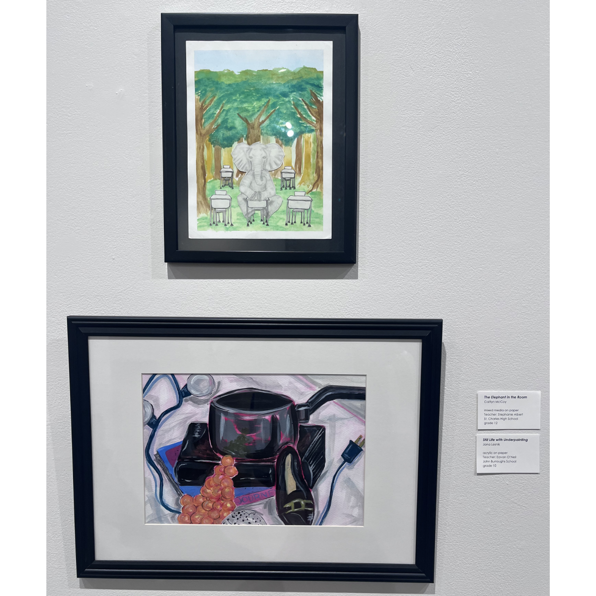 Senior Caitlyn McCoy's artwork (top) presented at the Foundry Art Centre from March 6-21.
