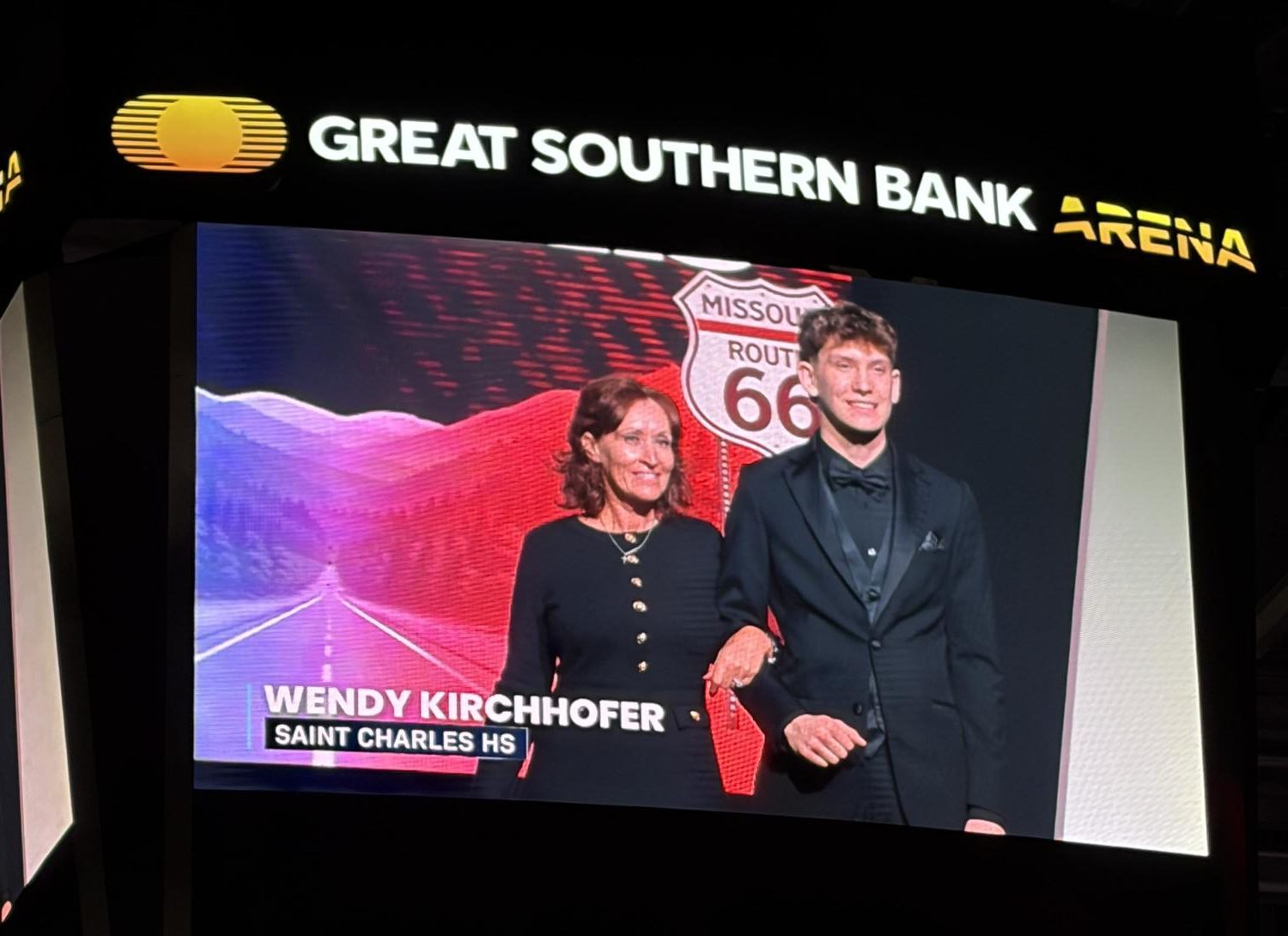 Wendy Kirchhofer and Porter Panhorst on the jumbotron at FBLA State.