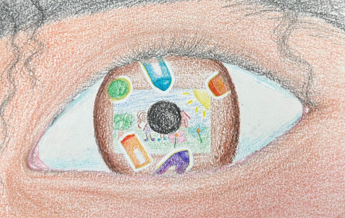 Malia Jones artwork for the AP art portfolios depicting an eye reflecting colorful shapes and a child's drawing.